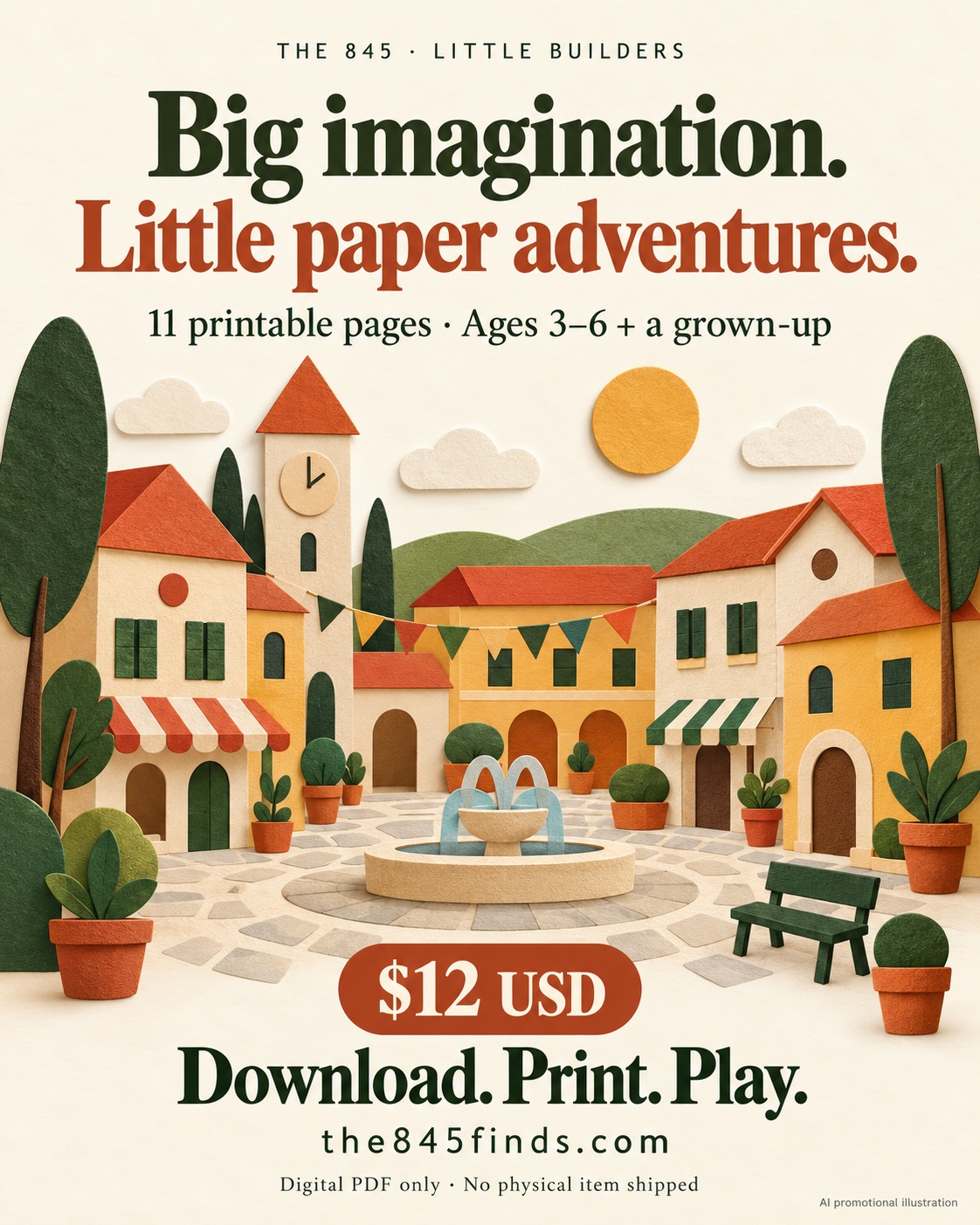The 845 Little Builders promotional poster with an Italian-inspired paper town and the words Big imagination. Little paper adventures.