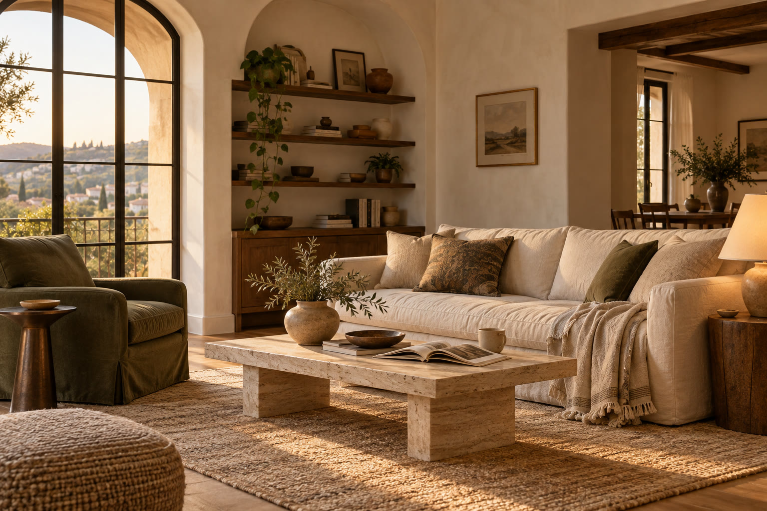 Warm Italian-inspired living room with linen sofa, olive armchair and travertine table; AI illustration